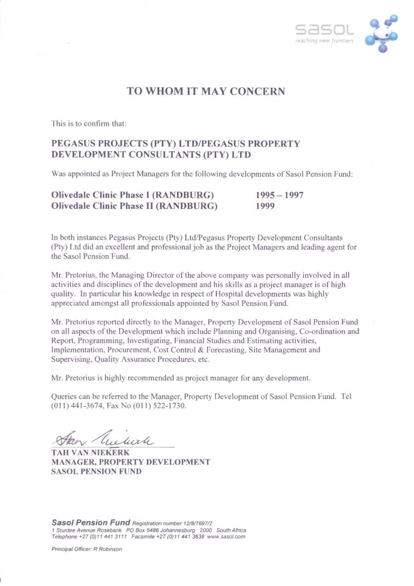 Sasol Pension Fund reference for Olivedale Clinic